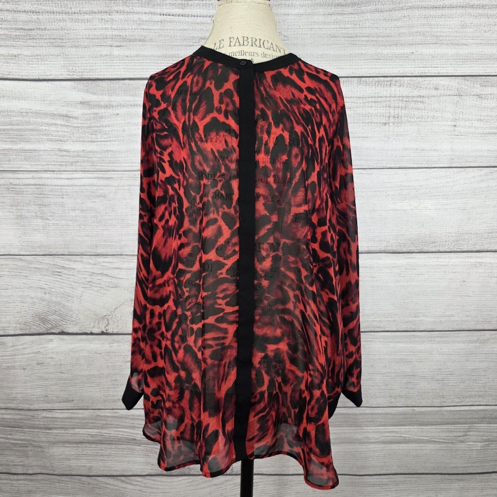 Susan Graver Red and Black Sheer Animal Print Long Sleeve Blouse